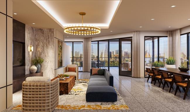 a large room with a couch and chairs